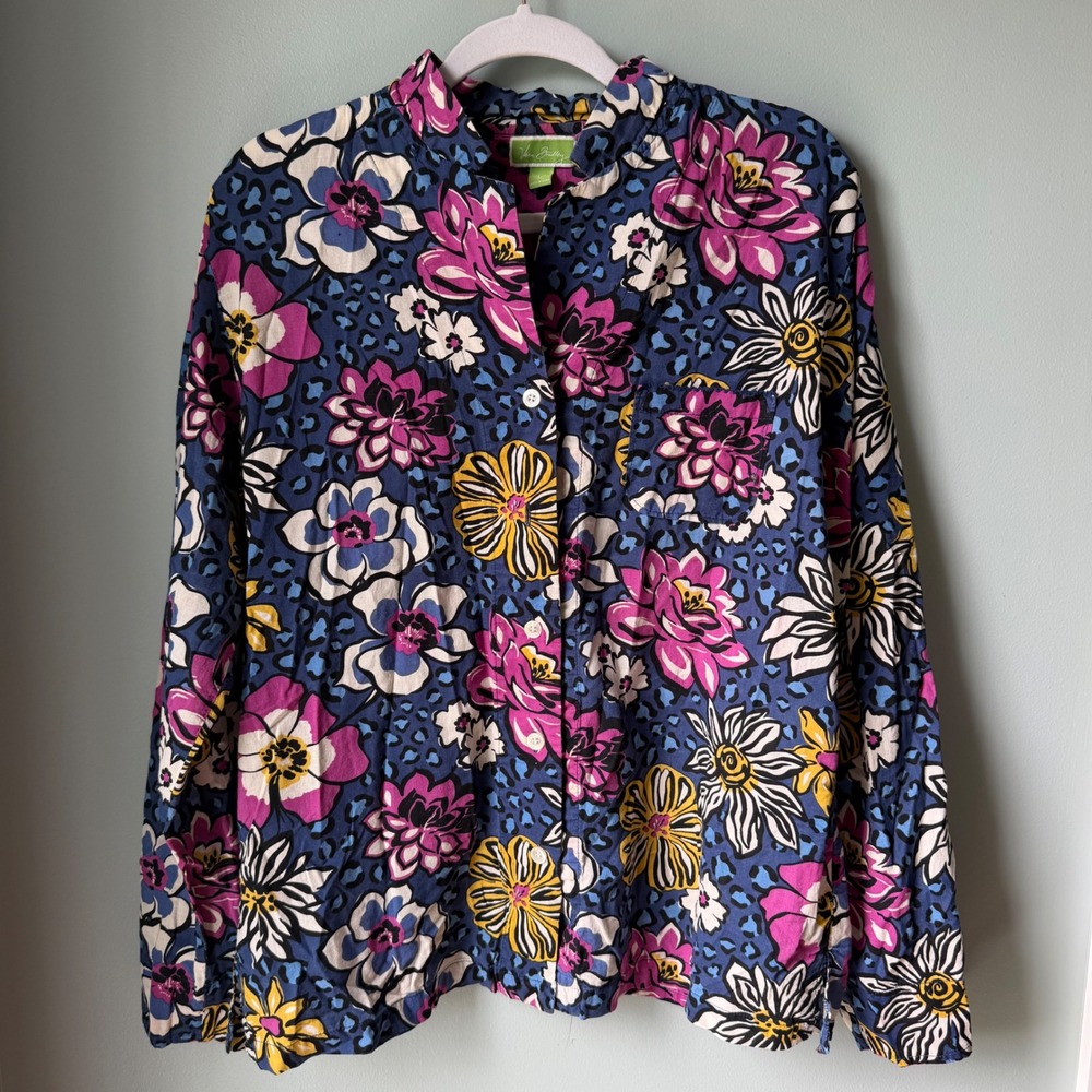 Vera Bradley African Violet Button Up Shirt Mandarin Collar Blue Fushia Floral L